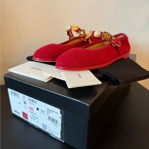 CHANEL 24A Tweed Mary Jane Flat Shoes 36 Red Gold G45778 B17245 NZ767 NWB! RARE